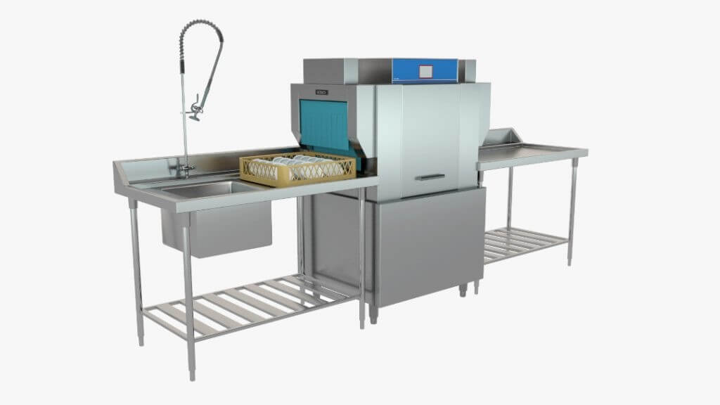 Rack conveyor dishwasher with extended inlet and outlet tables