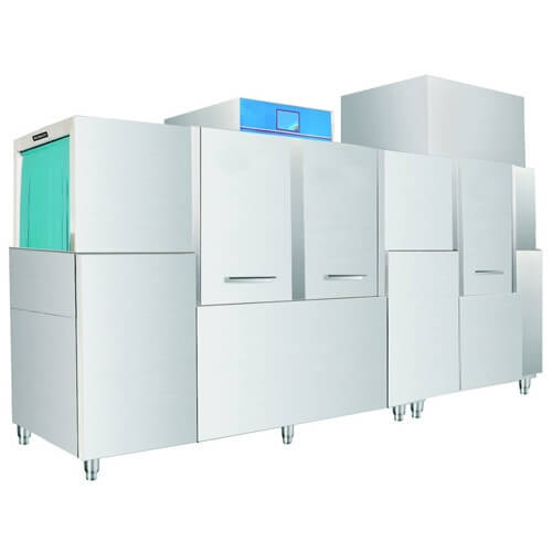 Commercial dishwasher installation with stainless steel preparation area