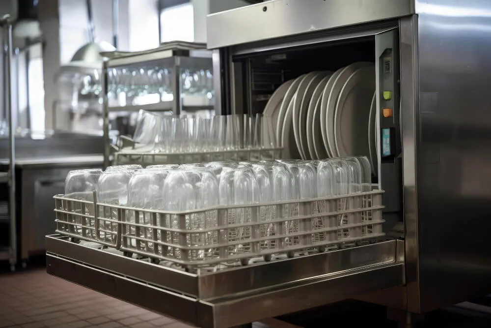 Open commercial dishwasher with glass racks loaded, ready for a wash cycle in a commercial kitchen.