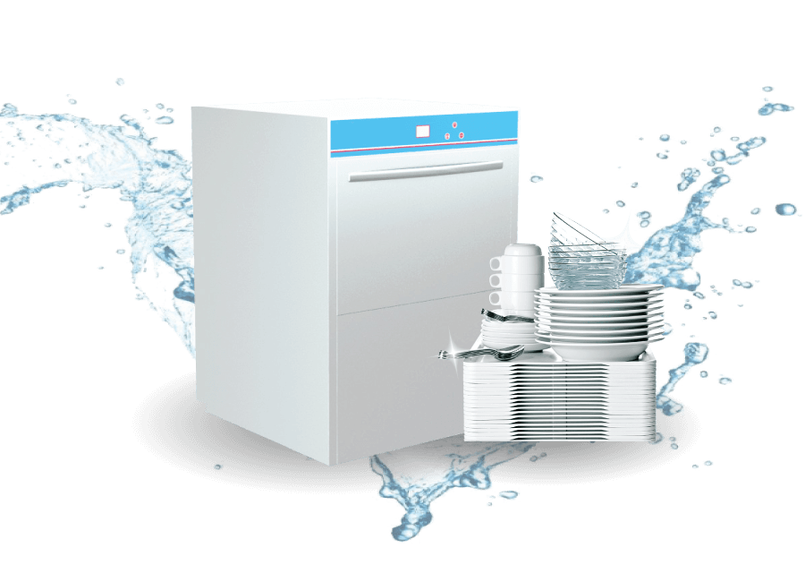 ECO-T1 under-counter commercial dishwasher with dishware and water splash