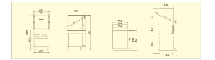 ECO-F1 technical drawing with hood type dishwasher dimensions